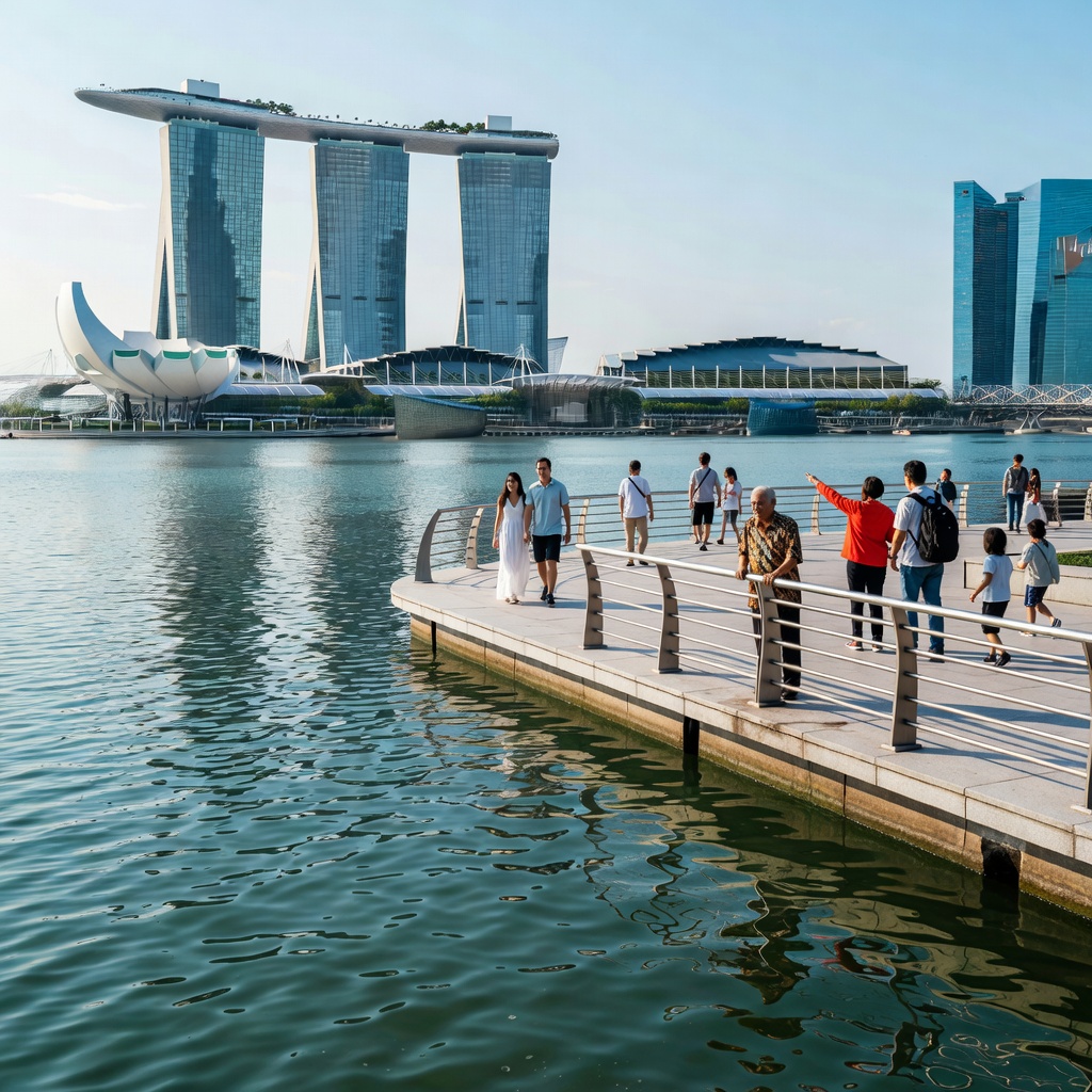 Marina Bay waterfront reflections beside a pedestrian railing