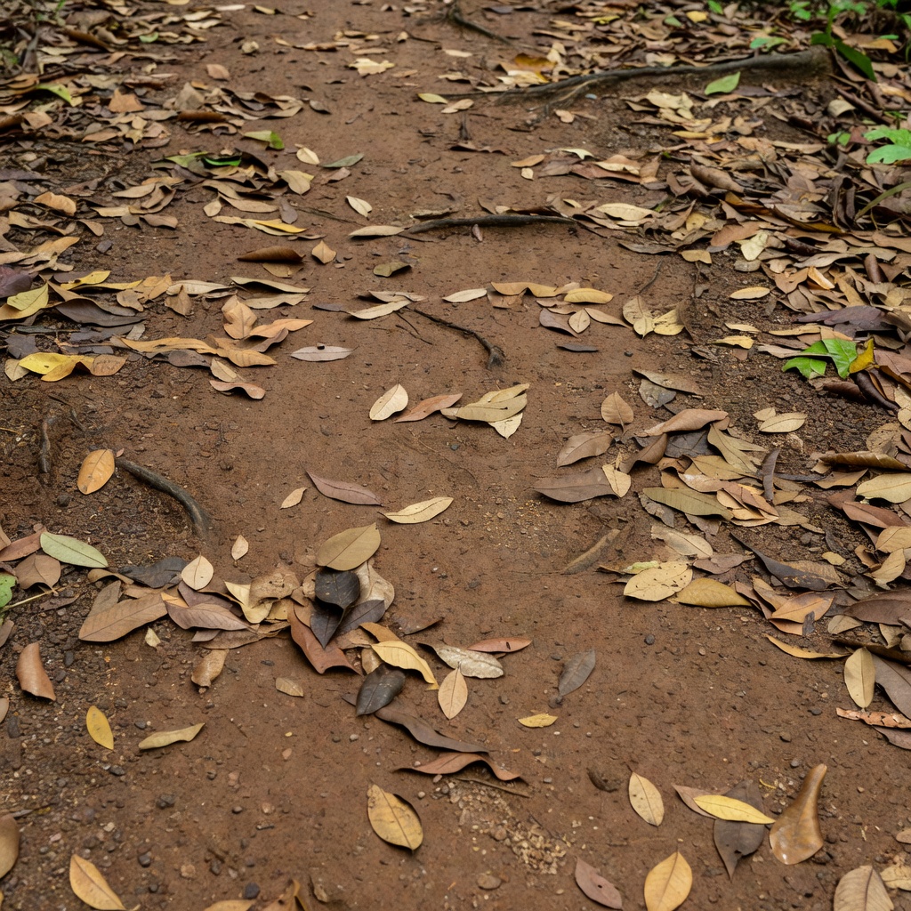 Roots and fallen leaves along a shaded Pulau Ubin trail